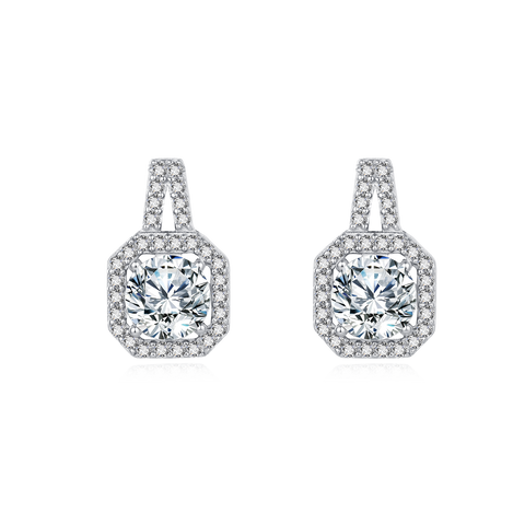 925 Sterling Silver Elegant Cushion-cut Moissanite Halo Earrings With Pavé Accents In Sterling Silver