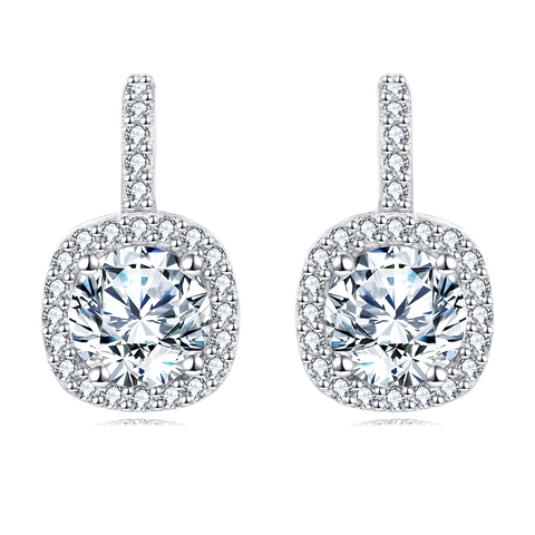 925 Sterling Silver Elegant Square Halo Moissanite Earrings With Round Center Stone