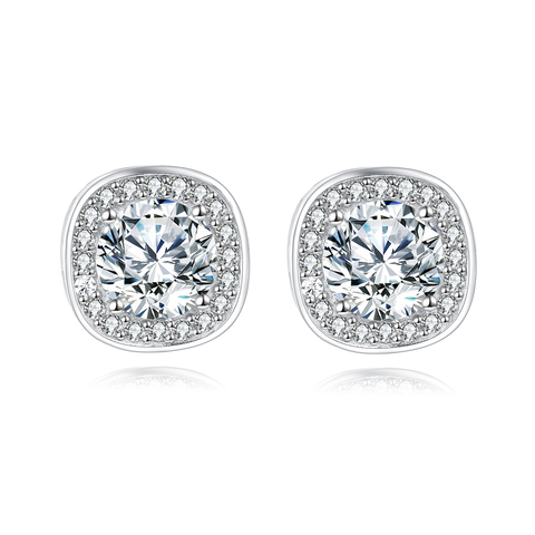925 Sterling Silver Elegant Moissanite Halo Stud Earrings In Silver Setting
