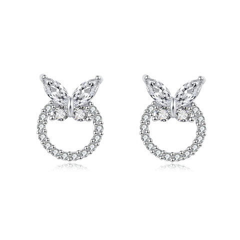 925 Sterling Silver Butterfly Zircon Heart Stud Earrings