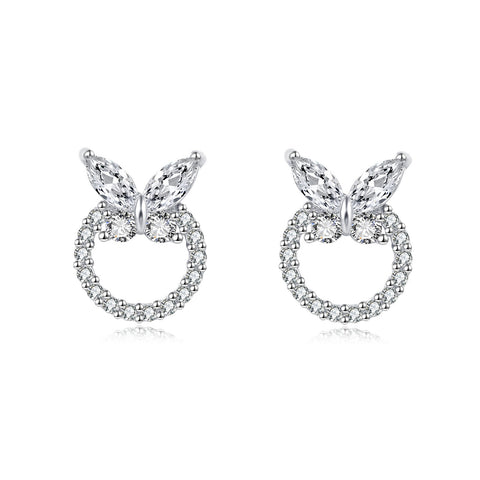 925 Sterling Silver Butterfly Zircon Heart Stud Earrings