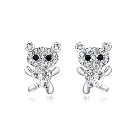 925 Sterling Silver **heart-shaped Zircon Earrings With Pavé Accents And Black Onyx Eyes**