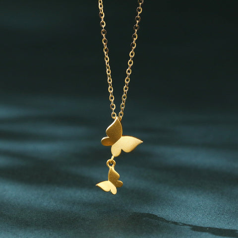 925 Sterling Silver Elegant Plated With Gold Butterfly Necklace With Double Charm Design