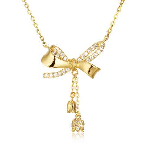 925 Sterling Silver Elegant Plated With Gold Bow Necklace With Zircon Accents