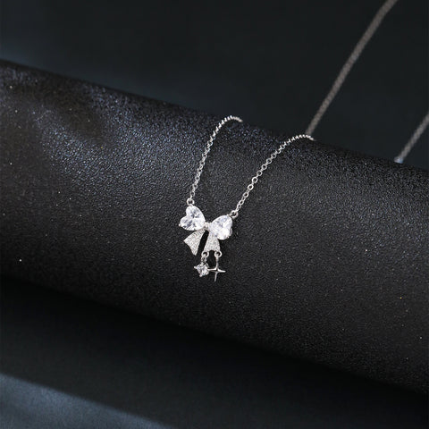 925 Sterling Silver Zircon Heart Bow Necklace With Starfish Charm – Elegant Coastal Luxury