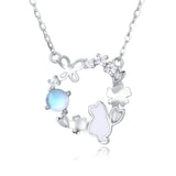 925 Sterling Silver Enchanted Moonstone Cat Necklace With Floral Accents