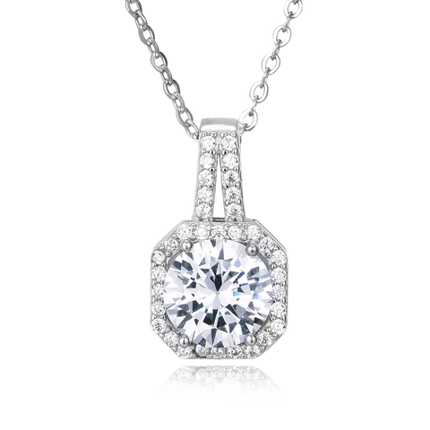 925 Sterling Silver Elegant Zircon Halo Pendant Necklace In Plated with White Gold – Timeless Luxury Jewelry