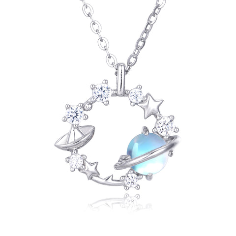 925 Sterling Silver Celestial Zircon Necklace With Planet Ring, Star Moon Charm, And Elegantdesign