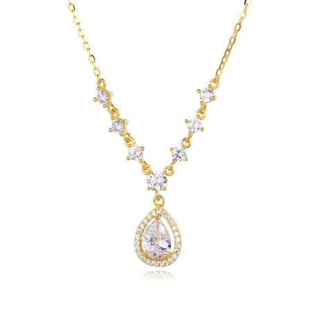 925 Sterling Silver Elegant Plated With Gold Necklace With Teardrop Zircon Pendant And Sparkling Chain Accents