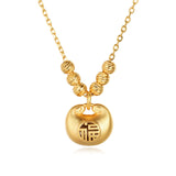 925 Sterling Silver Elegant Plated With Gold Beaded Necklace With Engraved Chinese Character Pendant