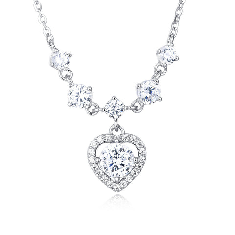 925 Sterling Silver Elegant Silver Heart Moissanite Necklace With Sparkling Accents