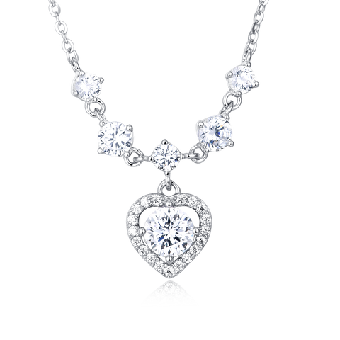 925 Sterling Silver Elegant Silver Heart Moissanite Necklace With Sparkling Accents