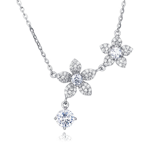 925 Sterling Silver Elegant Silver Flower Necklace With Moissanite Accents And Delicate Petal Design