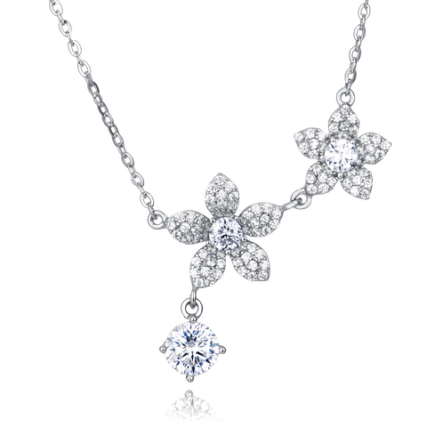 925 Sterling Silver Elegant Silver Flower Necklace With Moissanite Accents And Delicate Petal Design