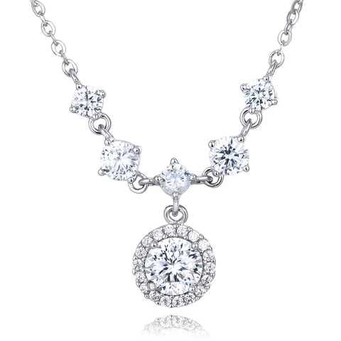 925 Sterling Silver Elegant Moissanite Necklace With Cascading Solitaire Drops And Halo Pendant