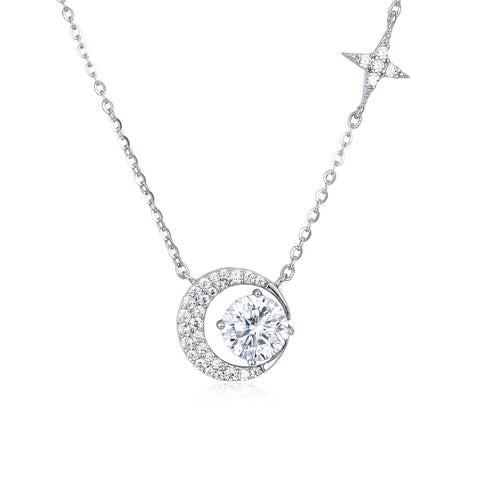 925 Sterling Silver Celestial Elegance Moon & Star Moissanite Necklace