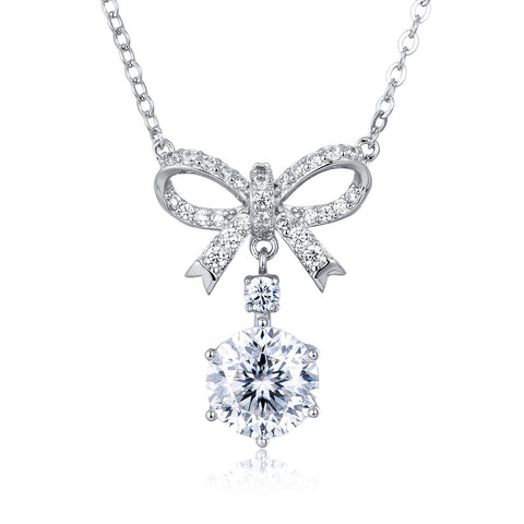 925 Sterling Silver Elegant Moissanite Bow Necklace With Triple Drop Design