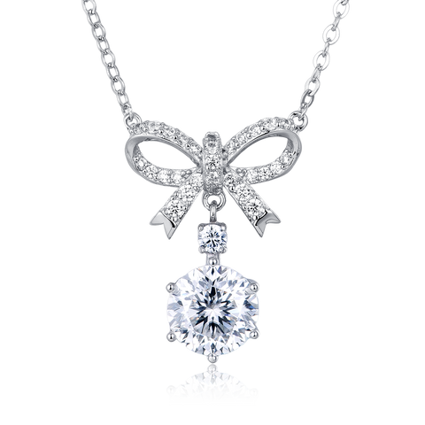 925 Sterling Silver Elegant Moissanite Bow Necklace With Triple Drop Design