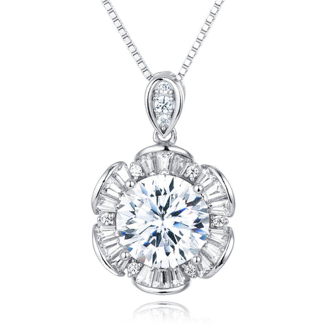 925 Sterling Silver Elegant Moissanite Pendant Necklace In Plated with White Gold With Halo Setting And Chain