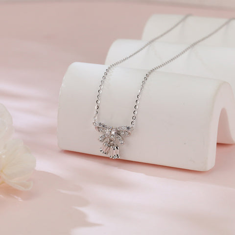 925 Sterling Silver Elegant Moissanite Bow Necklace With Triple Bell Charms