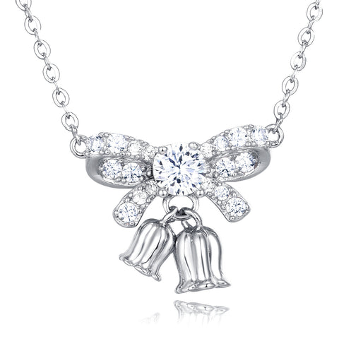 925 Sterling Silver Elegant Moissanite Bow Necklace With Triple Bell Charms