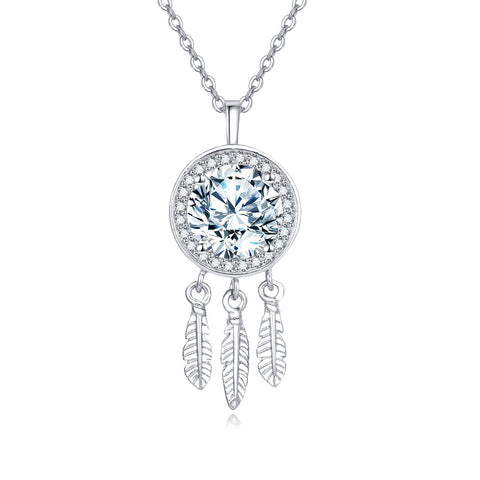 925 Sterling Silver Elegant Moissanite Feather Charm Necklace In Sterling Silver