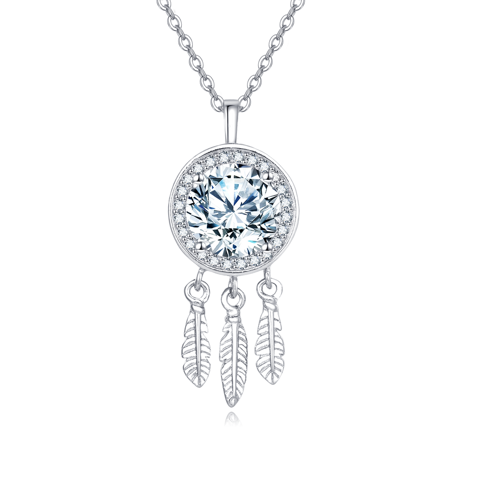 925 Sterling Silver Elegant Moissanite Feather Charm Necklace In Sterling Silver