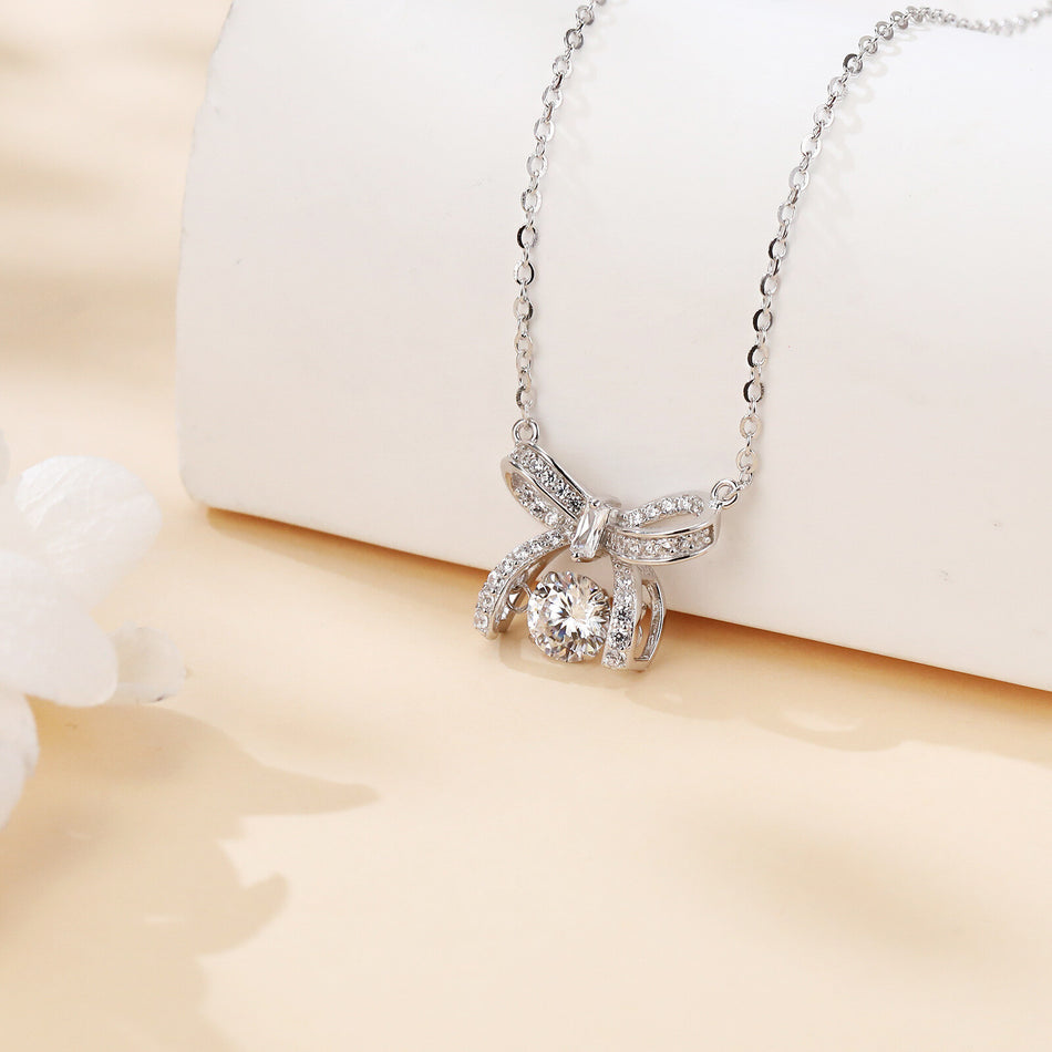 925 Sterling Silver Elegant Silver Bow Charm Necklace With Sparkling Moissanites