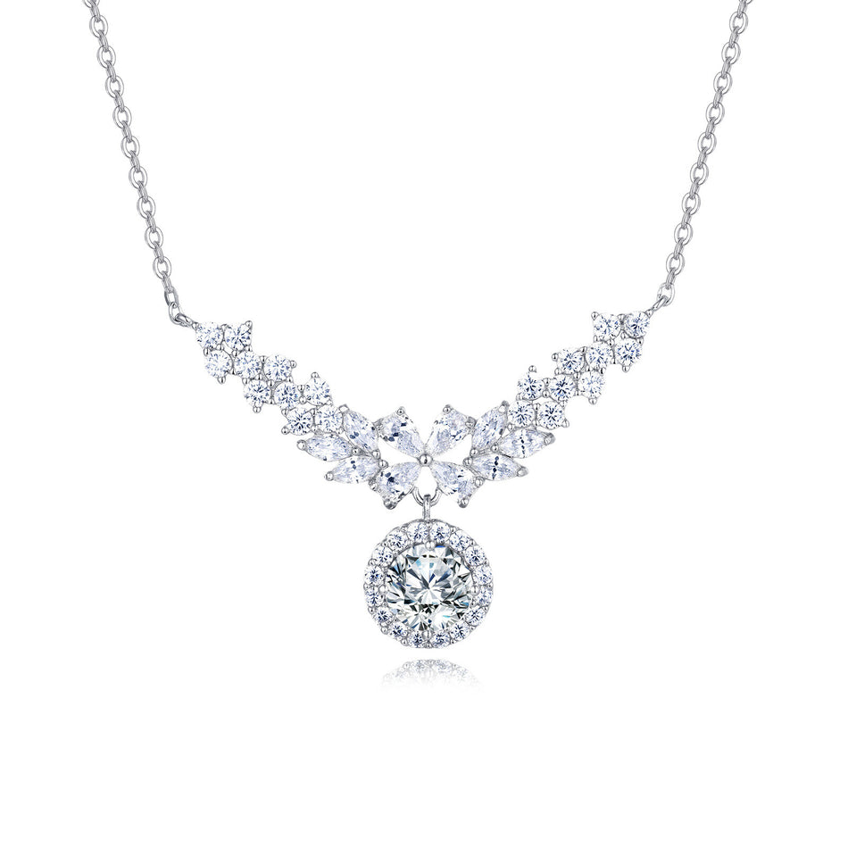 925 Sterling Silver Elegant Moissanite Floral Necklace With Radiant Center Stone
