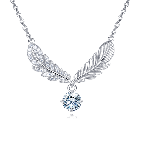 925 Sterling Silver Elegant Moissanite Feather Pendant Necklace