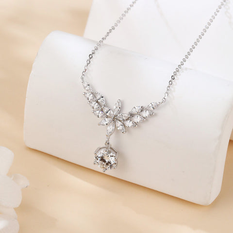 925 Sterling Silver Elegant Floral Moissanite Necklace With Marquise-cut Petals And Round Pendant Drop