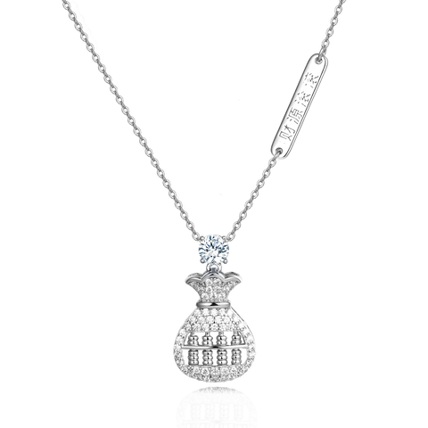 925 Sterling Silver Moissanite-encrusted Money Bag Pendant Necklace With Abacus Charm Symbolizing Wealth Prosperity
