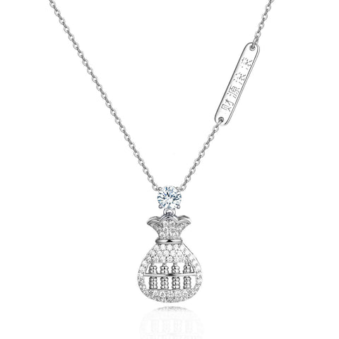 925 Sterling Silver Moissanite-encrusted Money Bag Pendant Necklace With Abacus Charm Symbolizing Wealth Prosperity