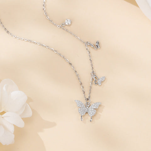 925 Sterling Silver Elegant Moissanite Butterfly Necklace With Triple Charm Design