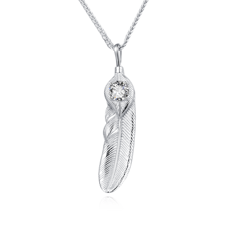 925 Sterling Silver Elegant Silver Feather Pendant Necklace With Sparkling Zircon Accent