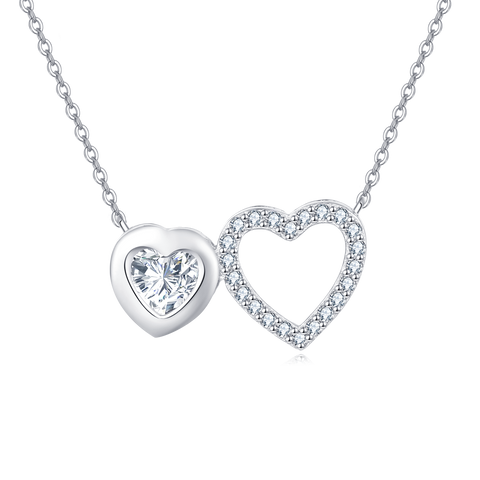 925 Sterling Silver Elegant Double Heart Zircon Necklace In Sterling Silver
