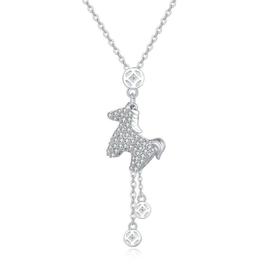 925 Sterling Silver Elegant Zircon-encrusted Horse Pendant Necklace With Adjustable Chain