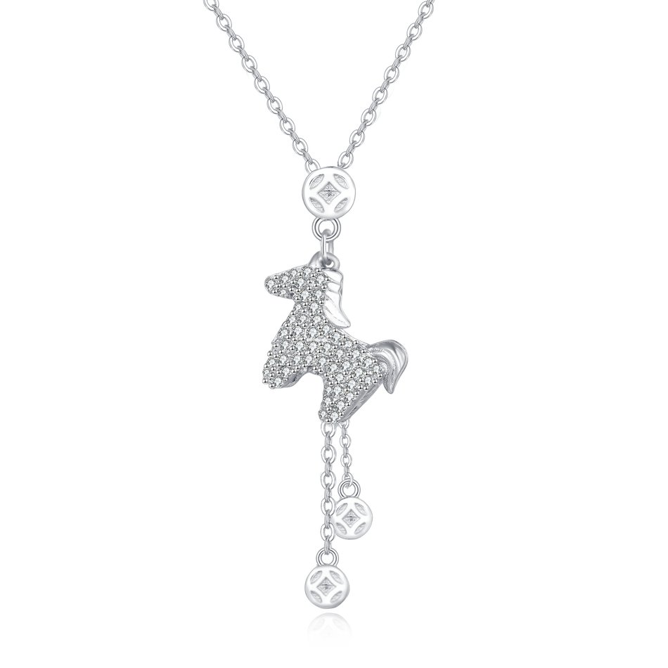 925 Sterling Silver Elegant Zircon-encrusted Horse Pendant Necklace With Adjustable Chain
