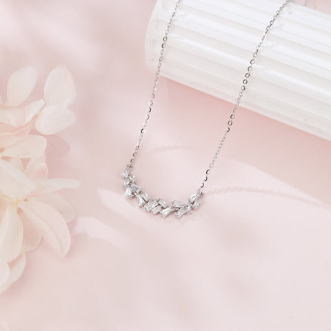 925 Sterling Silver Elegant Zircon Wave Necklace With Cascading Emerald-cut Stones On Delicate Silver Chain