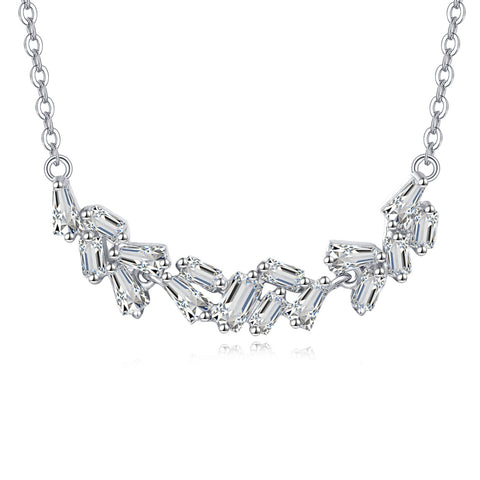 925 Sterling Silver Elegant Zircon Wave Necklace With Cascading Emerald-cut Stones On Delicate Silver Chain