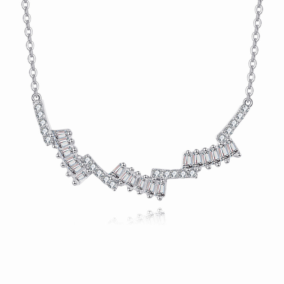 925 Sterling Silver Elegant Zigzag Zircon Necklace With Baguette And Round Cut Gems