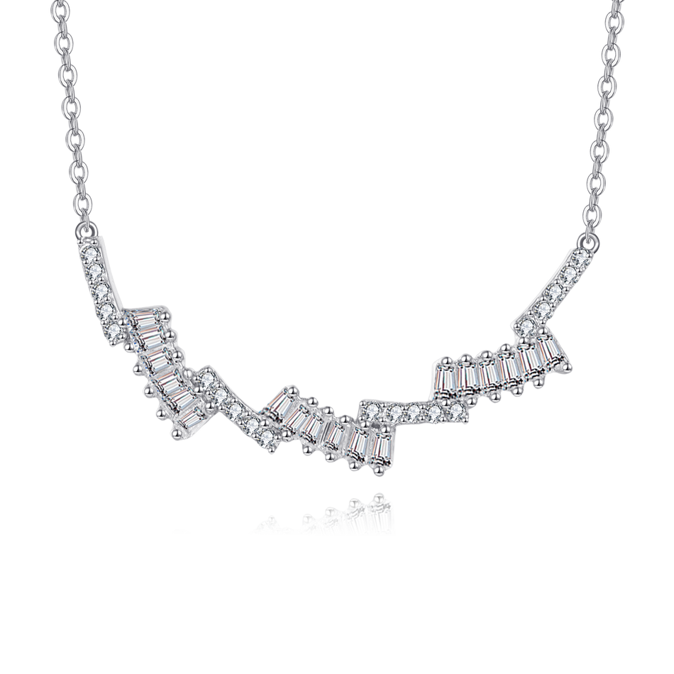 925 Sterling Silver Elegant Zigzag Zircon Necklace With Baguette And Round Cut Gems