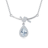 925 Sterling Silver Elegant Zircon Teardrop Necklace With Bow Accent In Sterling Silver
