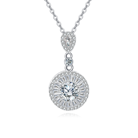 925 Sterling Silver Elegant Plated with White Gold Zircon Halo Pendant Necklace