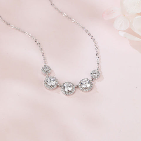 925 Sterling Silver Elegant Zircon Halo Necklace: Timeless Elegance With Five Radiant Stones