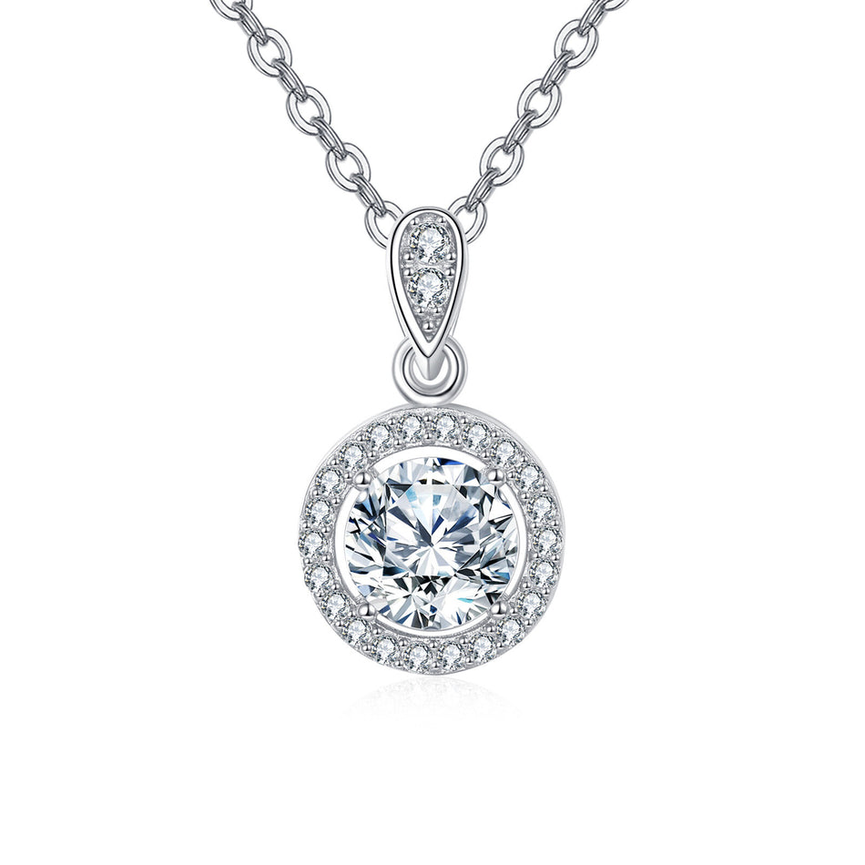 925 Sterling Silver Elegant Moissanite Pendant Necklace With Silver Chain And Classic Halo Design
