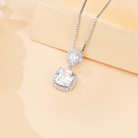 925 Sterling Silver Elegant Moissanite Pendant Necklace With Double Halo Design In Silver Chain