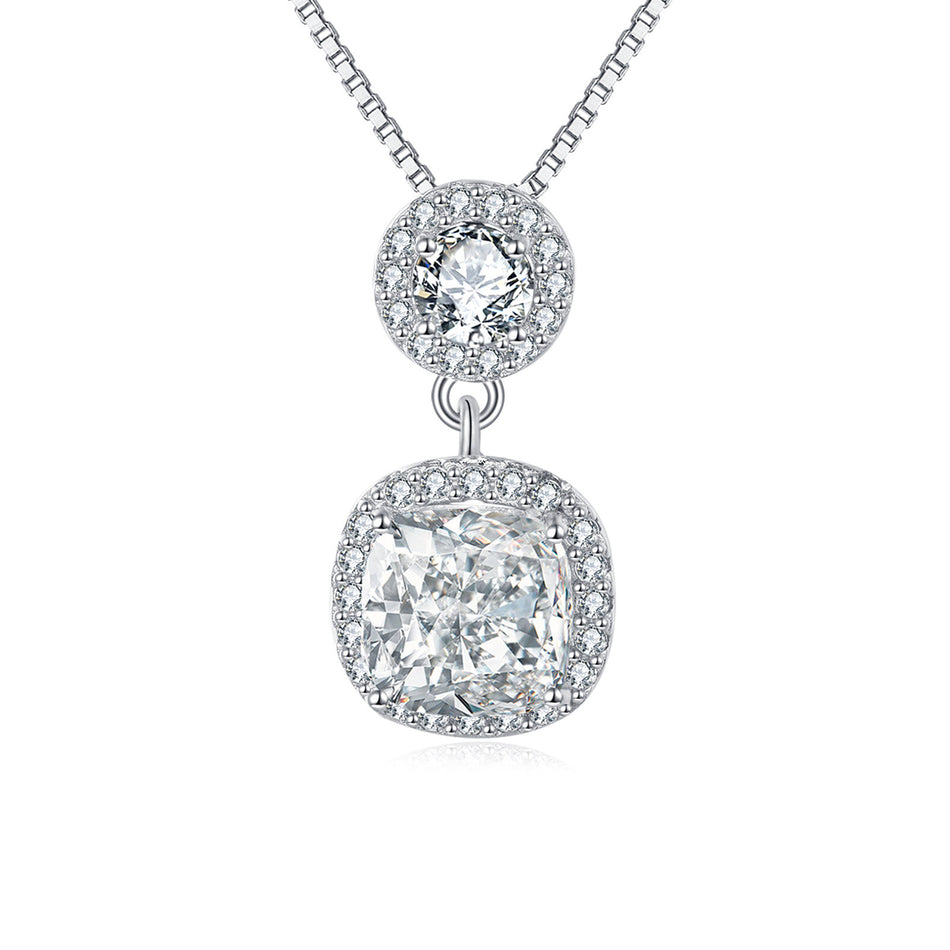 925 Sterling Silver Elegant Moissanite Pendant Necklace With Double Halo Design In Silver Chain