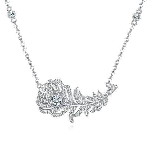 925 Sterling Silver Zircon-encrusted Feather Pendant Necklace