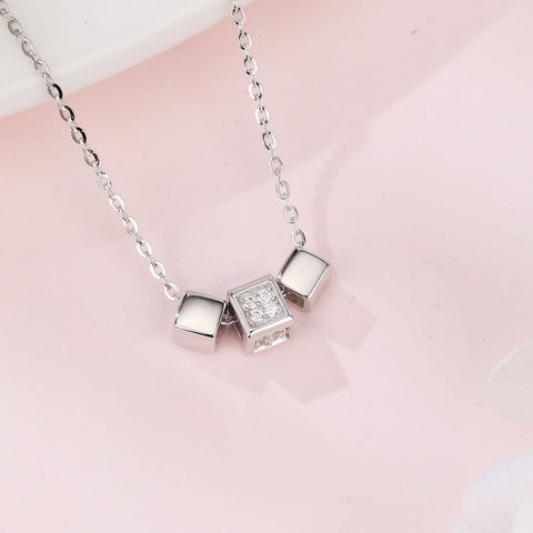 925 Sterling Silver Elegant Zircon Cube Necklace With Silver Chain And Modern Design